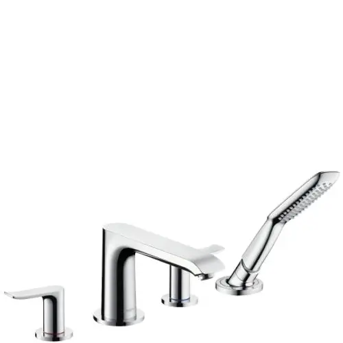 Chromene 4-Loch-Wannenrandarmatur von Hansgrohe mit einem Hauptauslauf und einem Handbrause-Element, das über eine separate Steuerung verfügt.